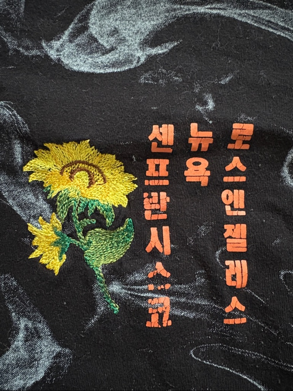 Black Cotton Long-Sleeve Embroidery & Graphic Crewneck Shirt with Smoke Motif M - Picture 3 of 6